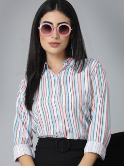 Style Quotient - Women Pink and Blue Striped Regular Formal Shirt
