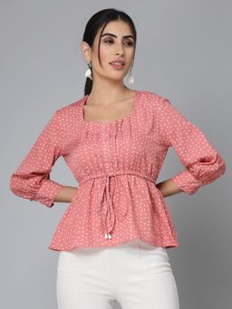 Style Quotient - Women Pink and White Polka Print Polyester Smart Casual Top