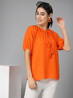 Style Quotient - Women Orange Gathered Casual Top
