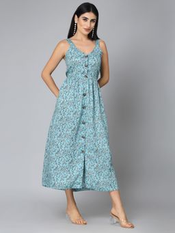 Style Quotient - Women Sea Green Floral Printed Rayon Midi Dress