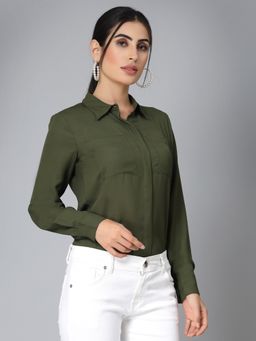 Style Quotient - Women Solid Olive Polyester Regular Formal Shirt