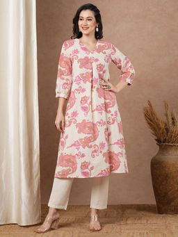 FASHOR - Off White Floral Printed A-Line Kurta with Pant (Set of 2)