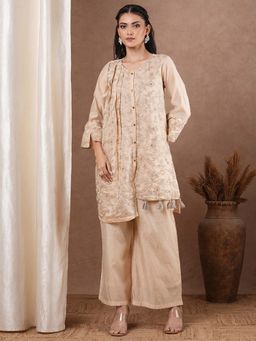FASHOR - Beige Zari Embroidered A-Line Kurta with Palazzo (Set of 2)