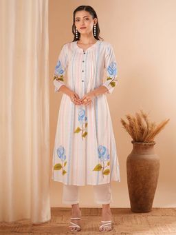 FASHOR - White Woven and A-Line Pleated Kurta with Pant (Set of 2)