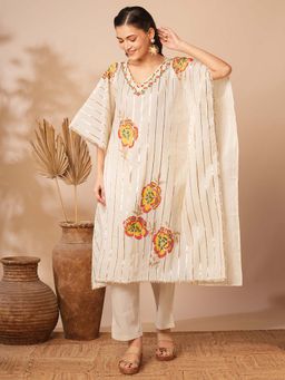 FASHOR - Off White Gota and Floral Printed Kaftan with Pant (Set of 2)