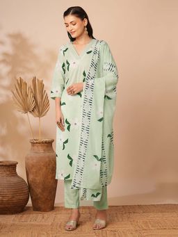 FASHOR - Mint Green Floral Printed Kurta with Pant and Dupatta (Set of 3)