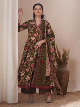 FASHOR - Green Floral Printed Anarkali Flared Kurta with Pant and Dupatta (Set of 3)