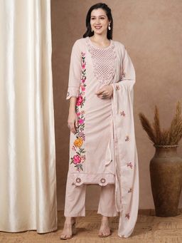 FASHOR - Baby Pink Floral Embroidered Kurta with Pant and Dupatta (Set of 3)