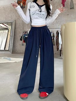 Outzidr - Navy Blue Solid High Waist Pant