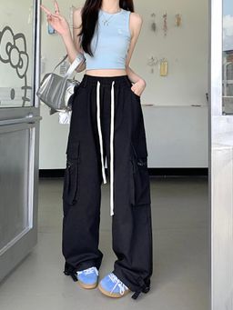 Outzidr - Black Ultra Wide Cargo Pocket Street Style Pant