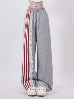 Outzidr - Grey Stripe Tape with Lace Detailed Street Style Pant