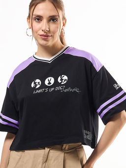 Bewakoof - Official Looney Tunes Women's Black Whats Doc Graphic Printed Oversized Crop T-shirt