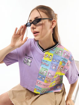 Bewakoof - Women's Purple Tom & Jerry Graphic Printed Oversized Crop T-shirt