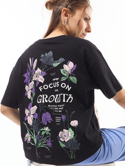 Bewakoof - Women's Black Grow Graphic Printed Oversized T-shirt