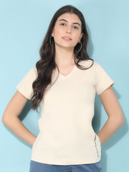 CRIMSOUNE CLUB - Women's Beige V-Neck T-Shirt