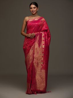 Koskii - Rani Pink Zari Work Banarasi Designer Saree With Unstitched Blouse