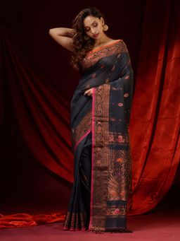 CHARUKRITI - Iron Grey Linen Handwoven Zari Woven Designs and Motifs Saree with Unstitched Blouse