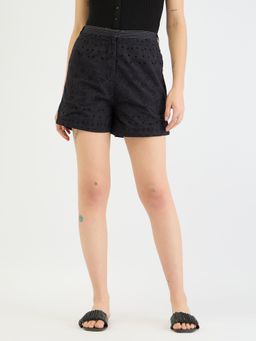 ELLE - Women Black Embroidery Relaxed Fit Short