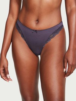 Victoria's Secret - Stretch Cotton Lace-Trim High-Leg Scoop Thong Panty - Grey