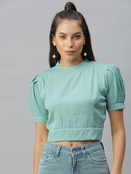 SHOWOFFFF - Women Choker Neck Solid Sea Green Crop Top