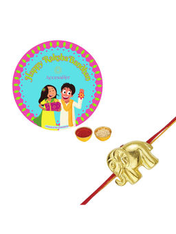 Accessher - Gold Toned Elephant Design Rakhi for Kids, Brother with Rice, Roli & Card