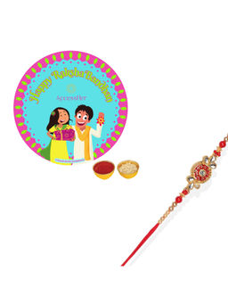 Accessher - Delicate Orange Colour Enamel Rakhi for Brother with Rice, Roli & Card