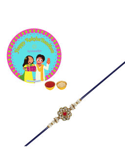 Accessher - Minimal Kundan Floral Design Rakhi for Brother with Rice, Roli & Card
