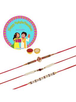 Accessher - Multi Set of 6 with Deity Inspired Rakhis Pack of 3 with Roli, Rice & Card