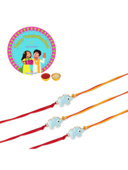 Accessher - Blue Enamel Elephant Rakhi Pack of 3 for Kids, Brother, Rice, Roli & Card