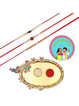 Accessher - Set of 7 with Rakhis Pack of 3, Peacock Design Thali, Rice, Roli & Card