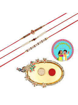 Accessher - Set of 7 with Rakhi's Pack of 3, Peacock Design Thali, Rice, Roli & Card