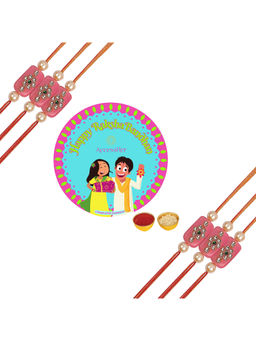 Accessher - Pink Kundan Designer Rakhi Pack of 6 for Brother with Rice Roli & Card