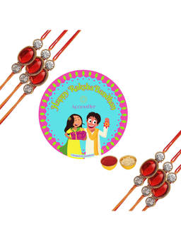 Accessher - Red Ruby Kundan Rakhi Pack of 6 for Brother with Rice Roli & Card