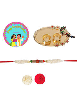 Accessher - Elegant Rakhi Set with Golden Acrylic Pooja Thali, Rice Roli & Card