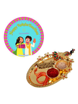 Accessher - Gold Elegant Rakhi Set with Pooja Thali, Rice, Roli & Card