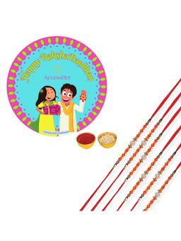Accessher - Traditional Orange Beads Rakhi Pack of 6 for Brother with Rice, Roli & Card