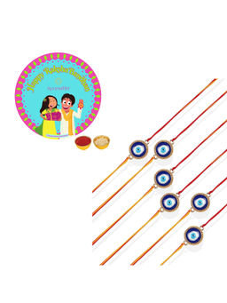 Accessher - Single Thread Evil Eye Rakhi Pack of 6 for Brother with Rice, Roli & Card