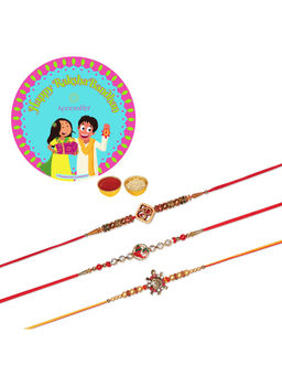 Accessher - Multi Set of 6 with Deity Inspired Rakhi Pack of 3 with Rice, Roli & Card