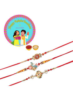 Accessher - Multi Set of 6 with Enamel Rakhis Pack of 3 with Rice, Roli & Card