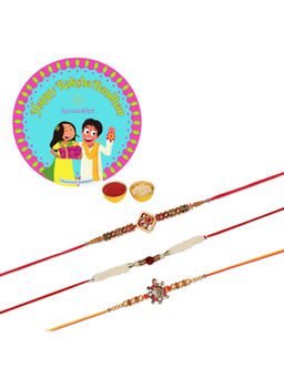 Accessher - Multi Set of 6 with Deity Inspired Rakhi Pack of 3 with Rice, Roli & Card