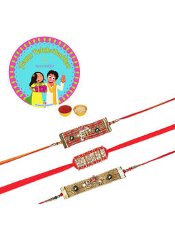 Accessher - Multi Set of 6 with Statement Fabric Rakhi Pack of 3 with Rice, Roli & Card