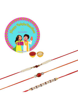 Accessher - Multi Set of 6 with Delicate Beads Rakhis Pack of 3 with Rice, Roli & Card
