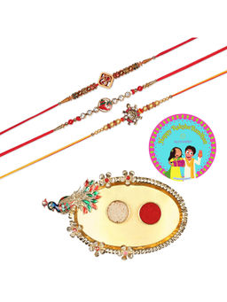 Accessher - Gift Set of 7 with Rakhi Pack of 3, Peacock Design Thali, Rice, Roli & Card