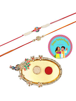 Accessher - Gift Set of 6 with Rakhi Pack of 2, Peacock Design Thali, Rice, Roli & Card