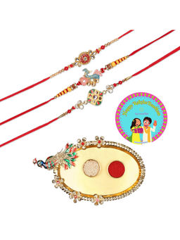 Accessher - Gift Set of 7 with Rakhi Pack of 3, Peacock Design Thali, Rice, Roli & Card