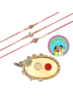 Accessher - Gift Set of 7 with Rakhi Pack of 3, Peacock Design Thali, Rice, Roli & Card