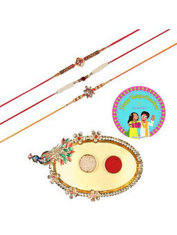 Accessher - Gift Set of 7 with Rakhi Pack of 3, Peacock Design Thali, Rice, Roli & Card