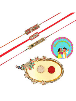 Accessher - Gift Set of 7 with Rakhi Pack of 3, Peacock Design Thali, Rice, Roli & Card