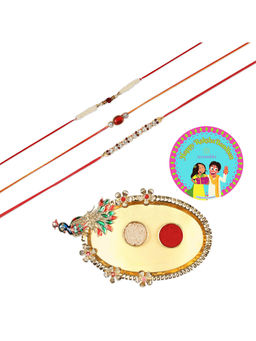 Accessher - Gift Set of 7 with Rakhi Pack of 3, Peacock Design Thali, Rice, Roli & Card
