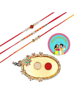 Accessher - Gift Set of 7 with Rakhi Pack of 3, Peacock Design Thali, Rice, Roli & Card
